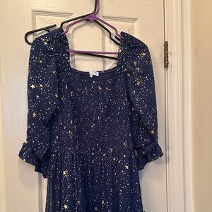 Ivy City Blue Starry Puff Sleeve Dress with Gold Accents